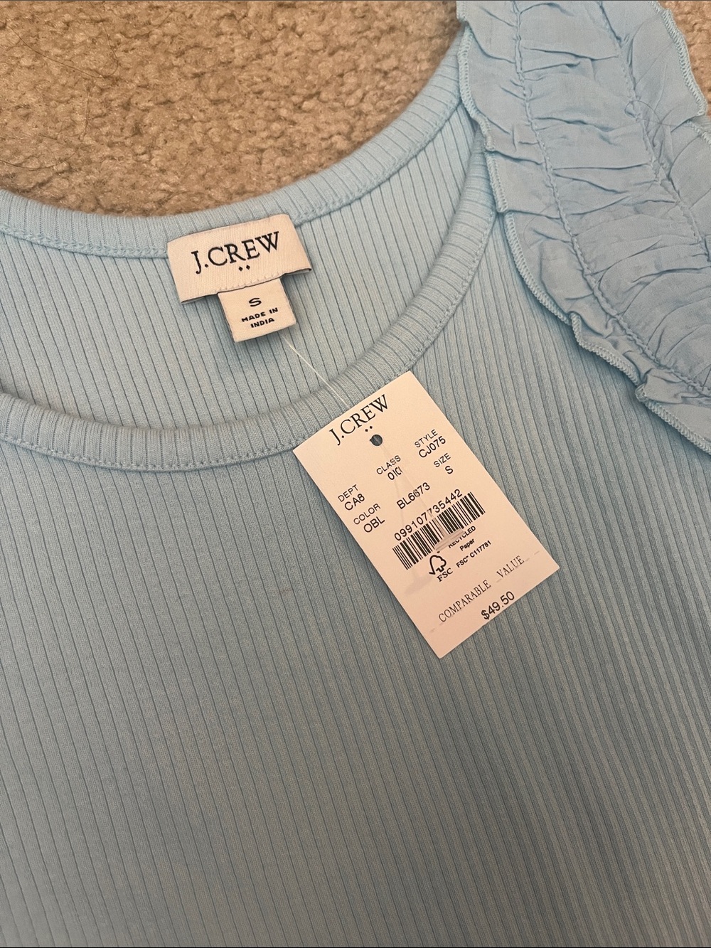 J. Crew Light Blue Ribbed Ruffle-Shoulder Tank - Picture 2 of 3